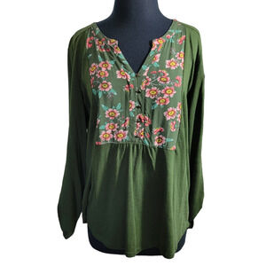 St John Bay long sleeve tee olive green / floral sz XL